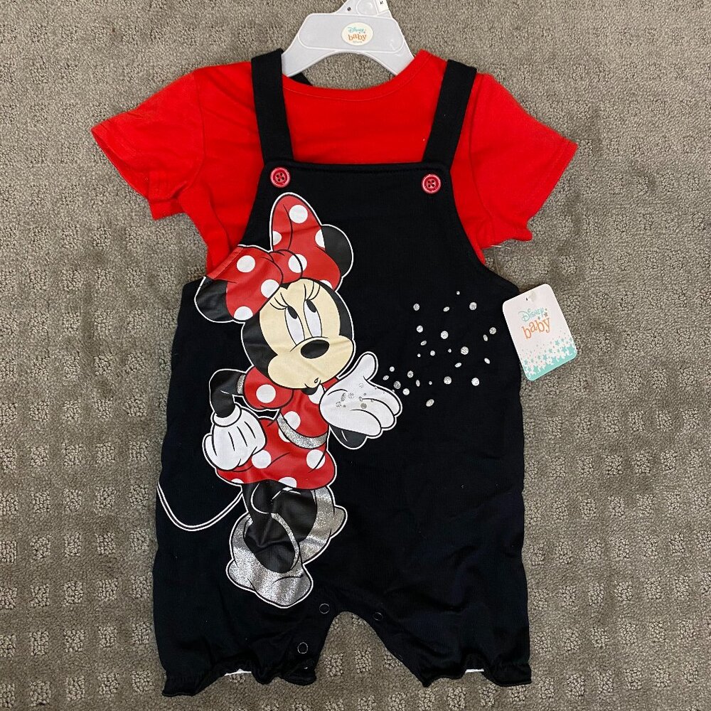 NWT: Disney Baby Girls' Romper -  Minnie Mouse 2-Piece Overall T-Shirt Set (24M)